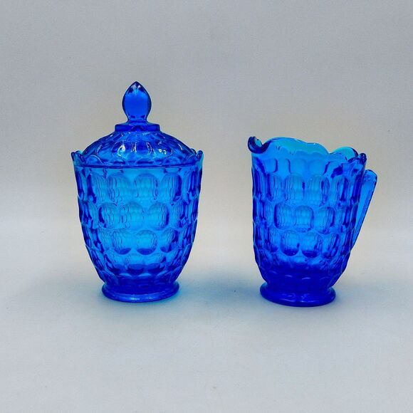 Fenton Glass Colonial Blue Thumbprint Sugar Bowl Creamer Pitcher Lid Set - Picture 1 of 13